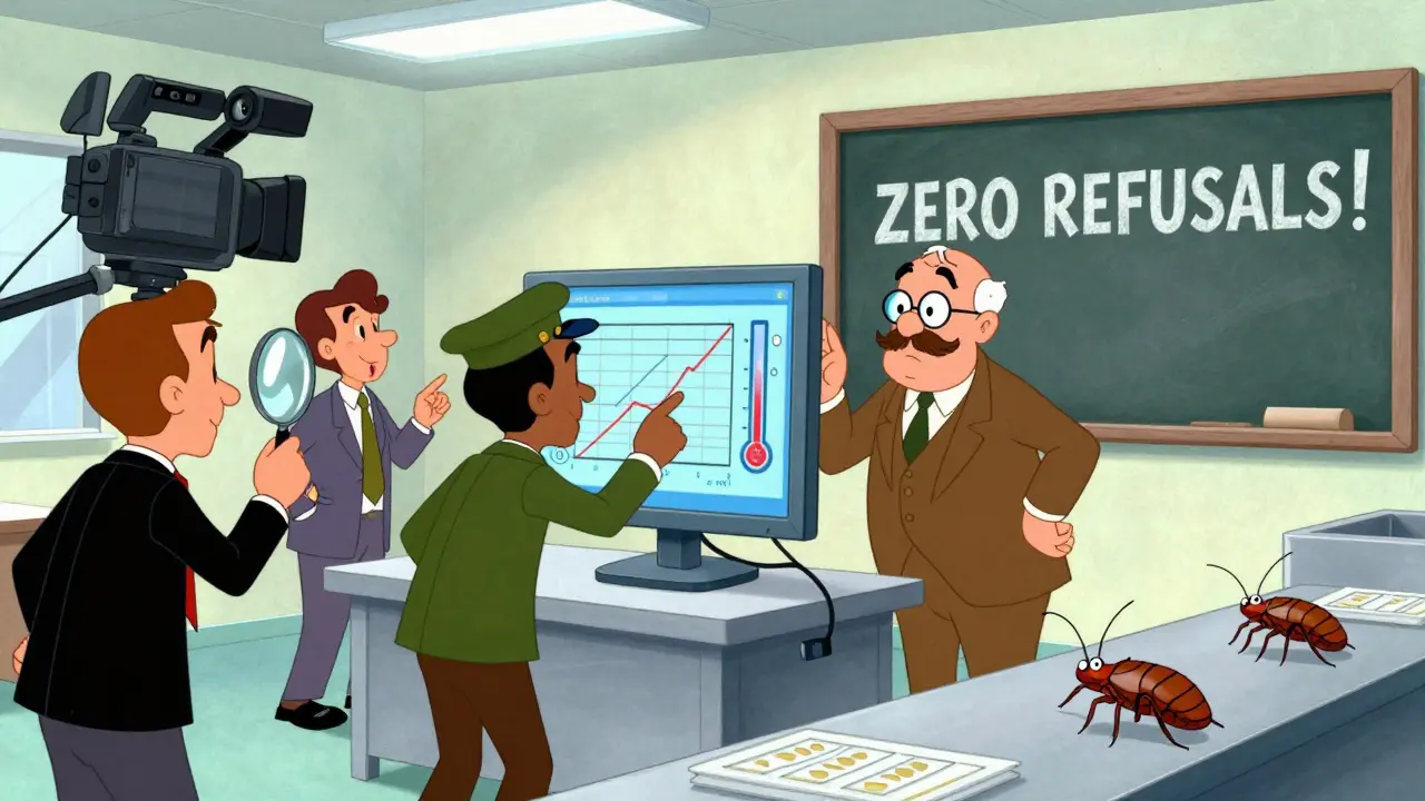 Employees conduct a mock FDA inspection with digital logs and a consultant watching closely.