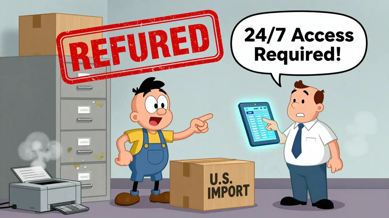 Factory owner points to paper files while FDA inspector uses a digital tablet to review records.