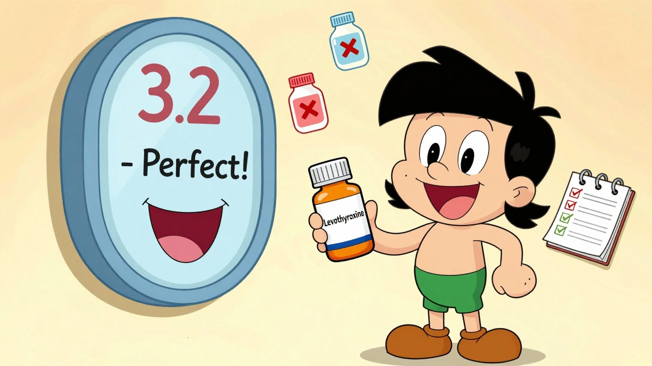 Happy patient holding thyroid medication with a perfect TSH meter reading, while interfering foods float away.