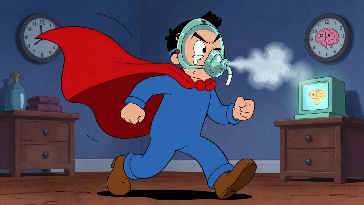Man pacing at night with watering eye and steam from nose, giant oxygen mask above him.