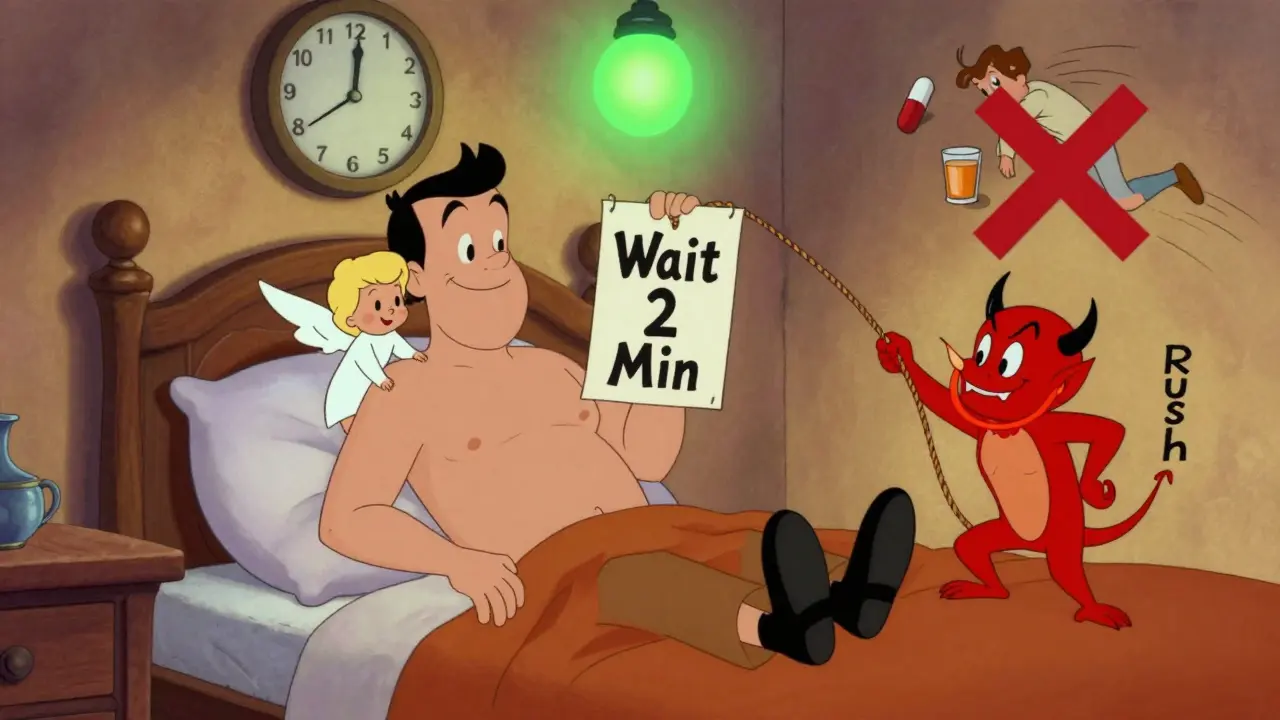 Man sitting on bed waiting safely, angel advising patience, devil urging rush.