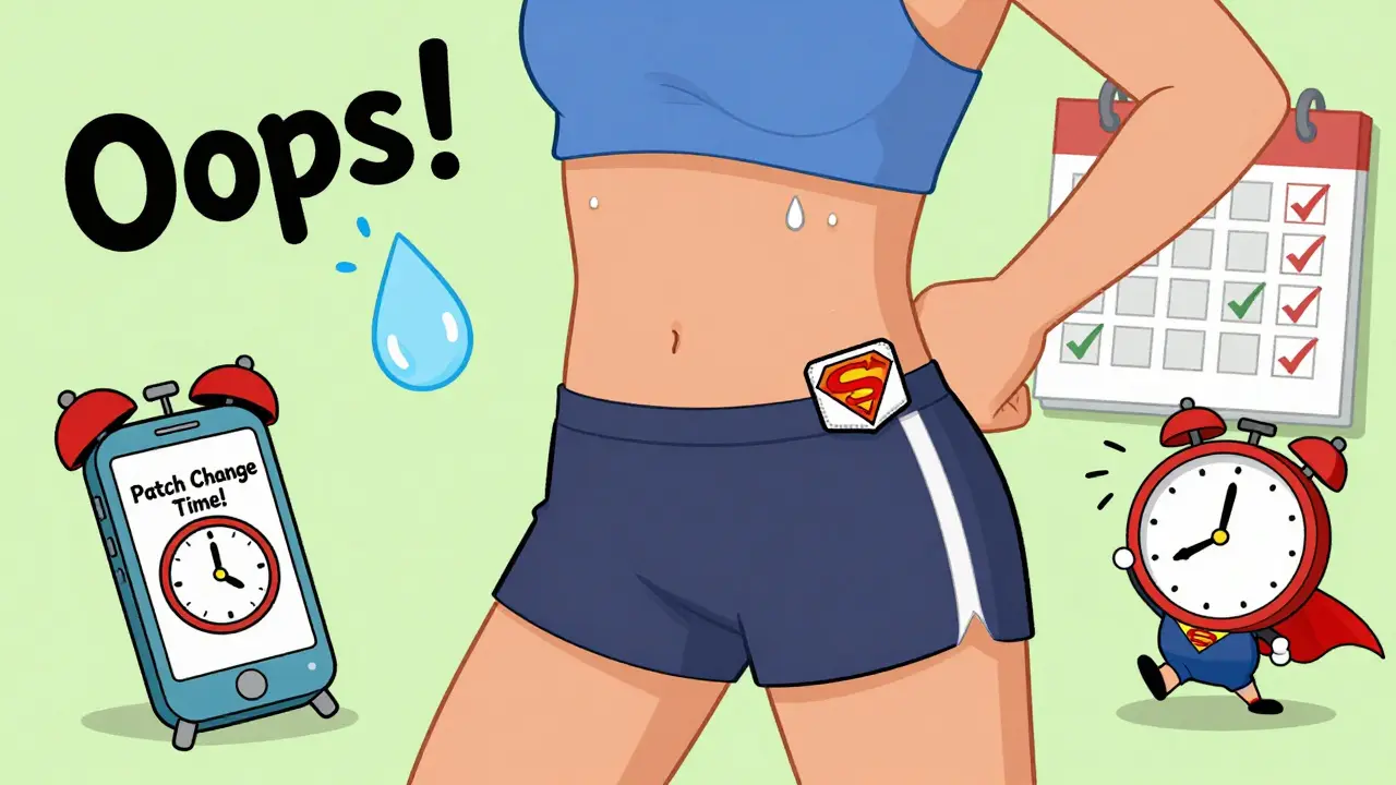 Patch falling off arm during exercise, with a new one sticking properly on hip