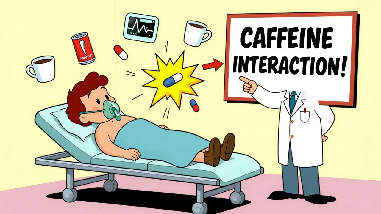 Patient in ER with floating coffee and energy drink icons causing a spiked heart monitor.