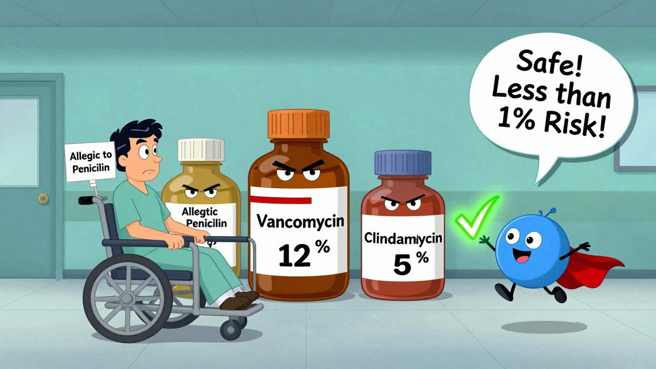 Patient passes antibiotics with price tags while a superhero cephalosporin flies in with a green checkmark.