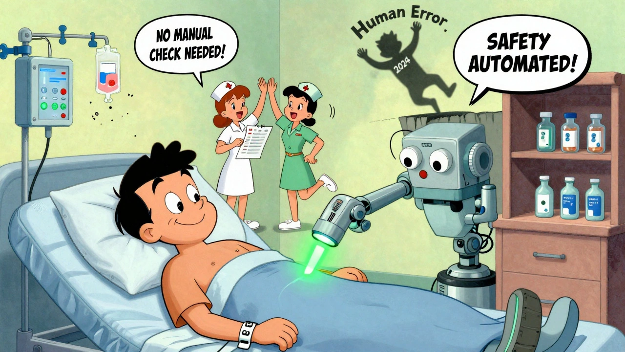 Patient receiving automated medication as robotic arm dispenses it, nurses celebrating safety tech.