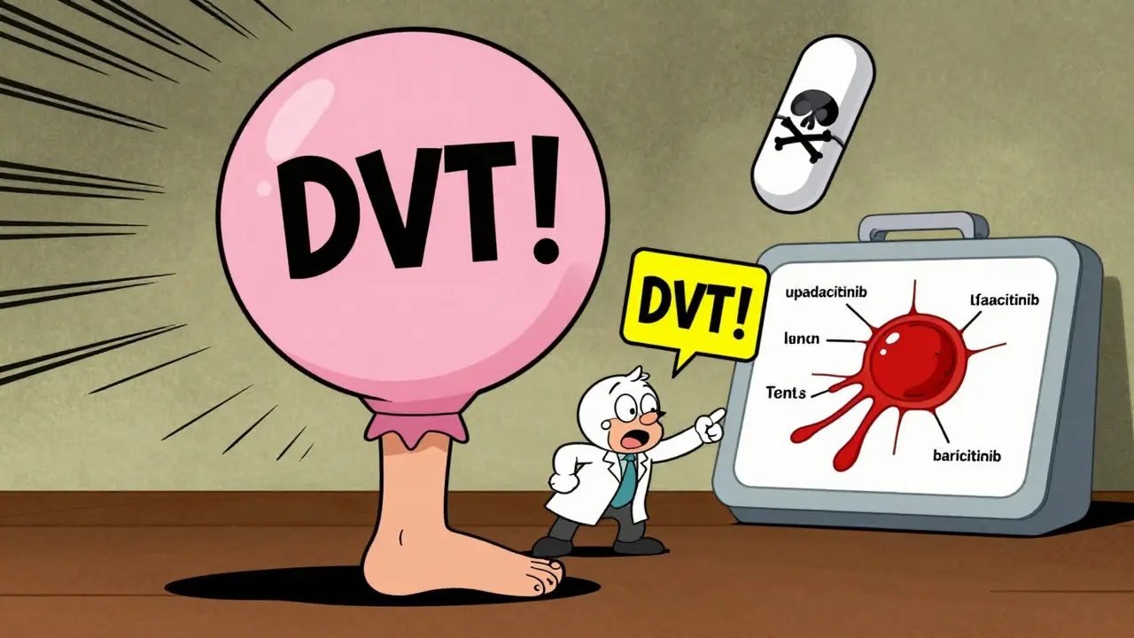 Patient’s leg swelling into a balloon with DVT warning, while a pill with skull face floats above a clot diagram.
