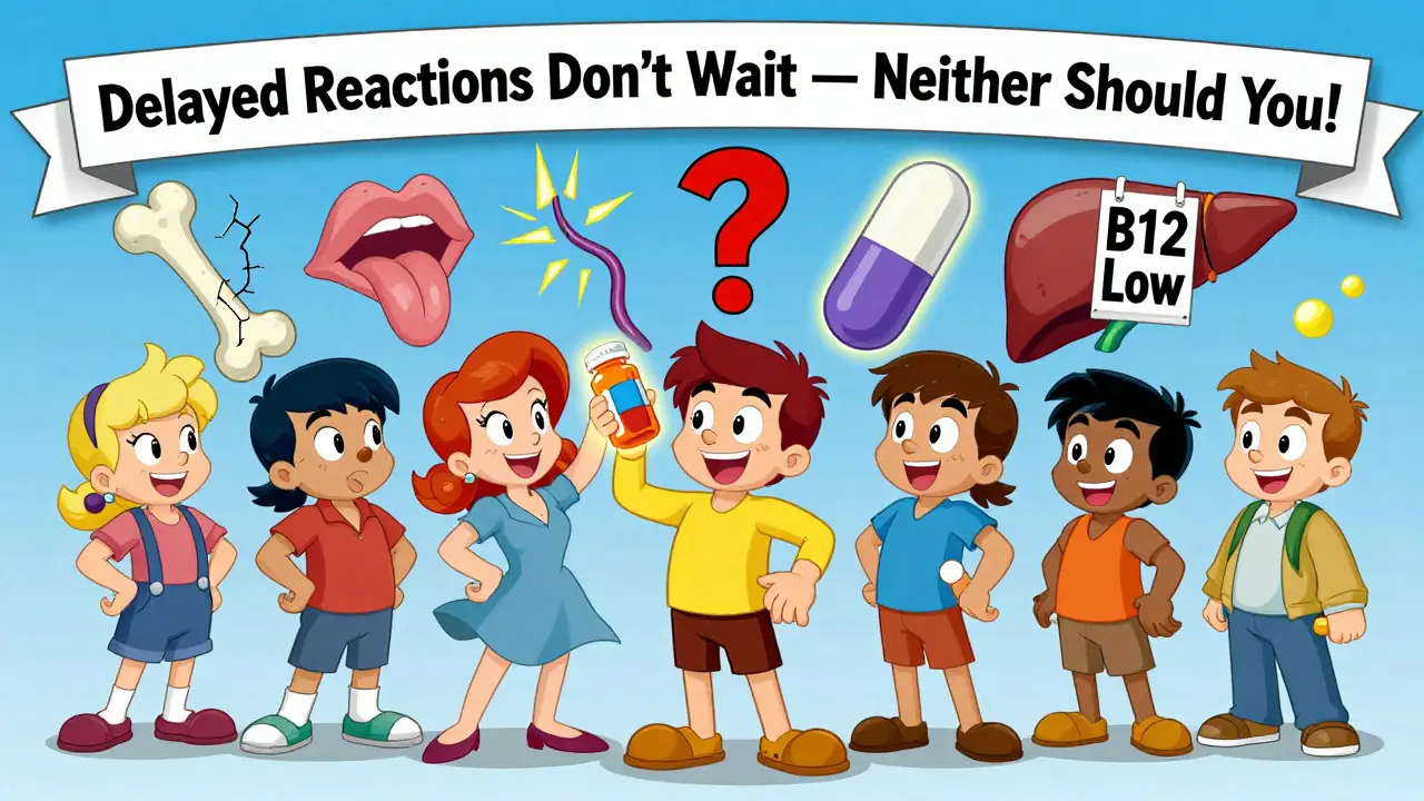 People holding medications with glowing danger effects, floating body parts, and a giant question mark above.