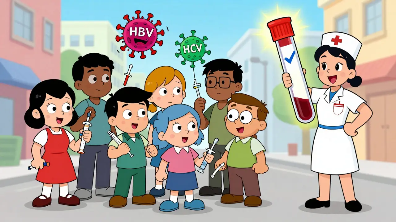 People in a mobile clinic with virus sprites emerging from shared items, nurse holding test tube