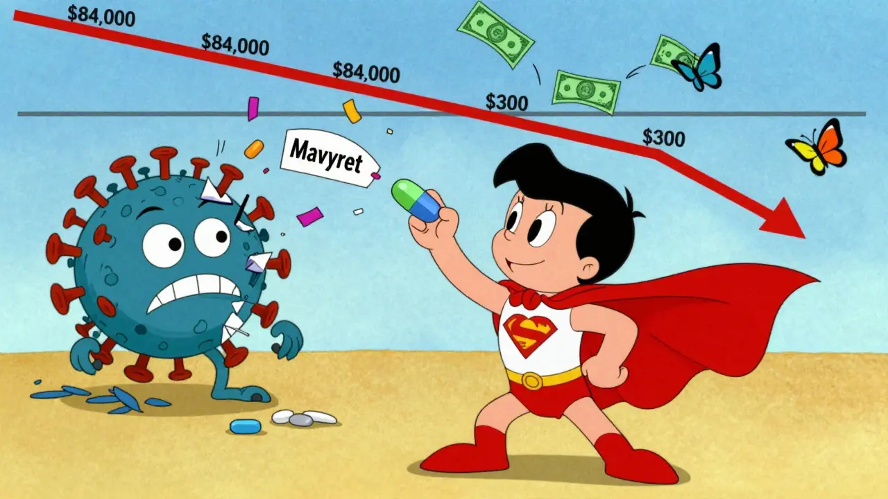 Person taking cure pill as hepatitis C virus disintegrates, price drop shown with cartoon money