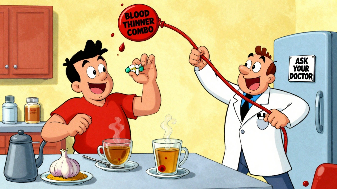 Person taking multiple herbs with doctor pulling emergency cord, blood droplets flying