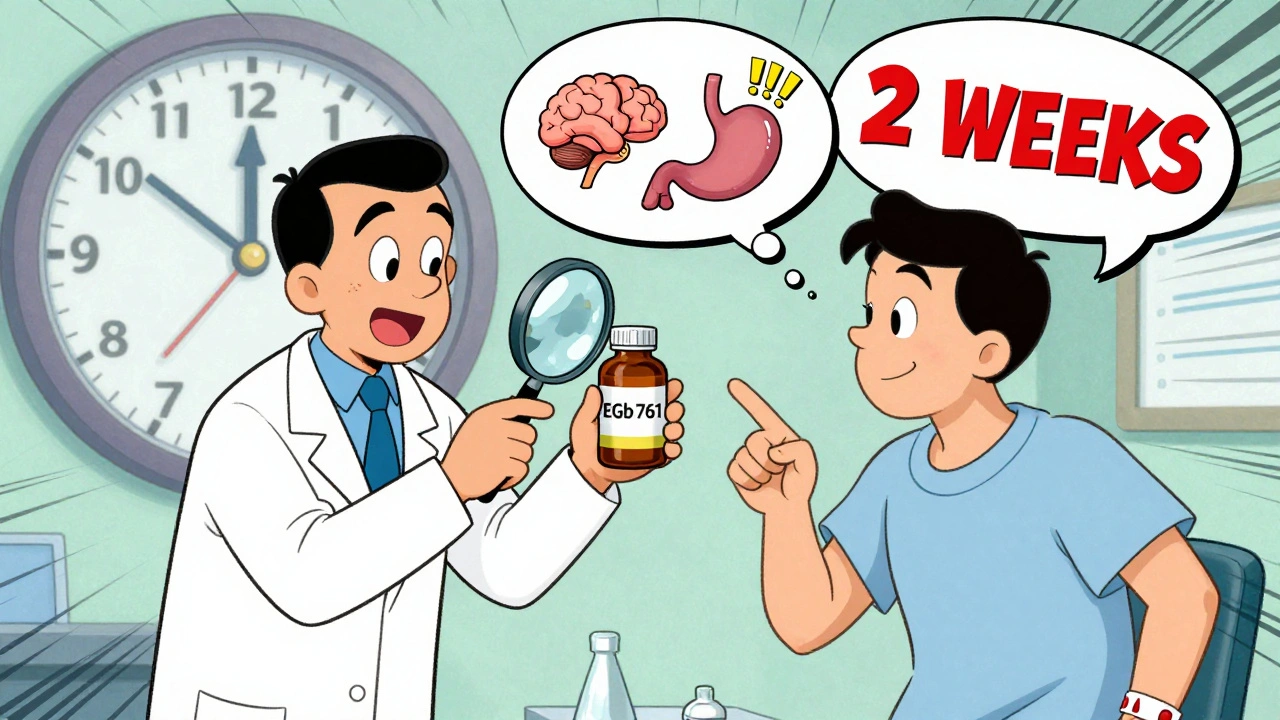 Pharmacist warns patient about Ginkgo supplement with bleeding icons and surgery clock