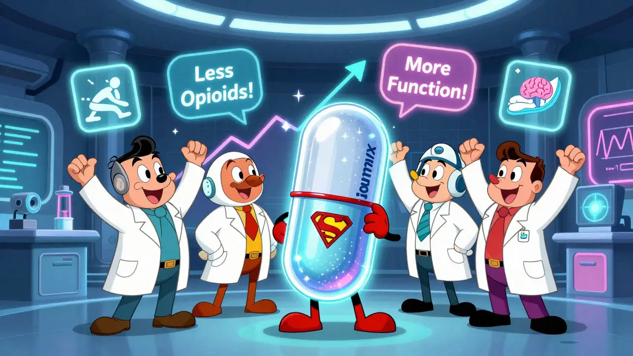 Scientists celebrating a superhero drug capsule called Journavx in a colorful lab.