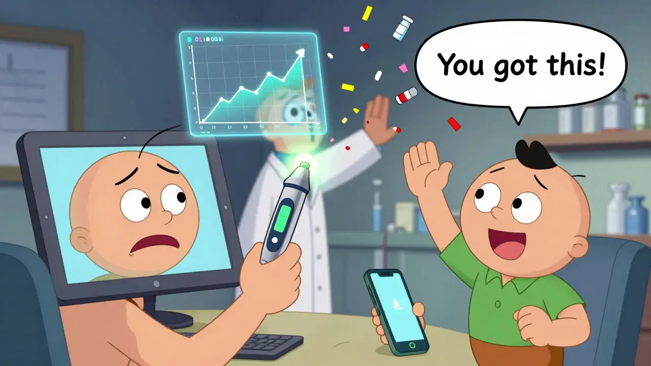 Smart insulin pen glowing as adherence improves, with pharmacist celebrating