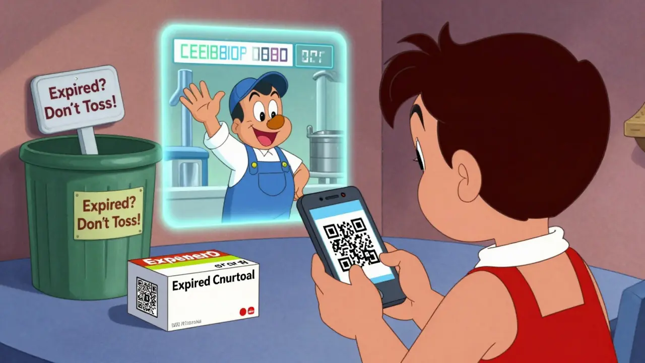 Someone scanning a QR code on a pill bottle with holographic expiration countdown display.