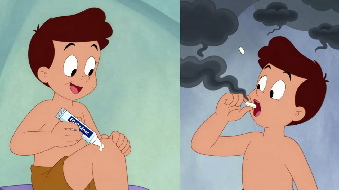 Split cartoon scene: one person safely using topical gel, another dangerously taking pills