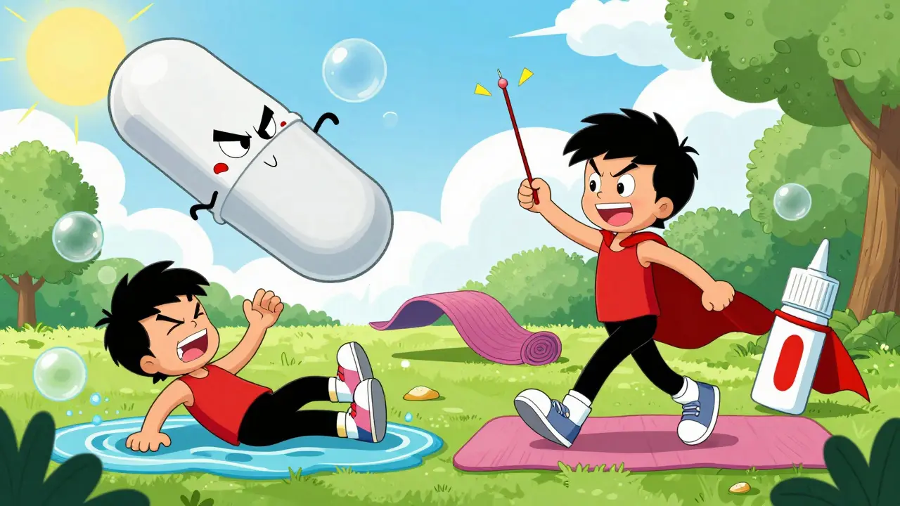 Split cartoon scene: opioid pill as villain vs. healthy lifestyle tools as heroes.