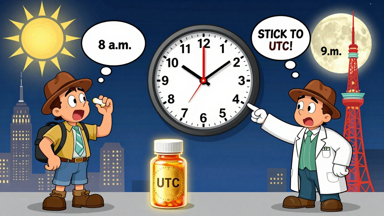 Split scene of a traveler taking medication at different time zones with a glowing UTC clock in the center, in Hanna-Barbera style.