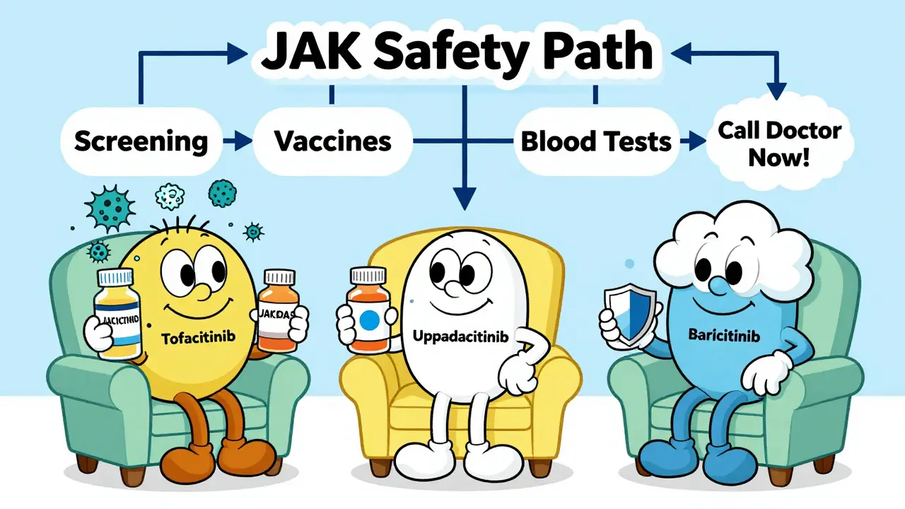 Three patients with different JAK inhibitors, each with infection/clot symbols, beside a safety flowchart.