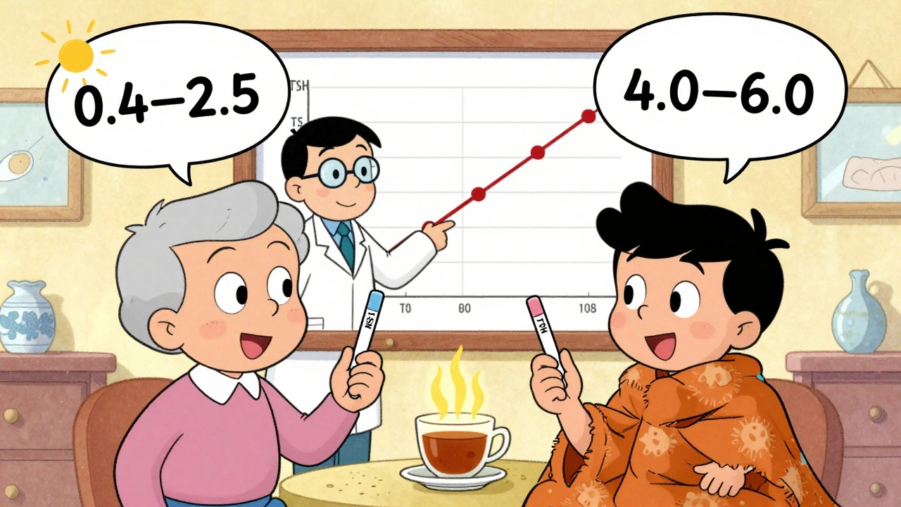 Two people with different TSH target ranges shown in thought bubbles, guided by a friendly doctor with a trend chart.