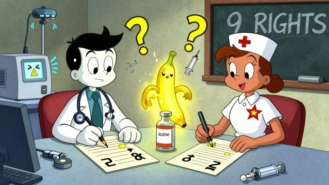 Two staff members calculating doses with glowing vial, smart pump beeping, floating numbers and warnings.