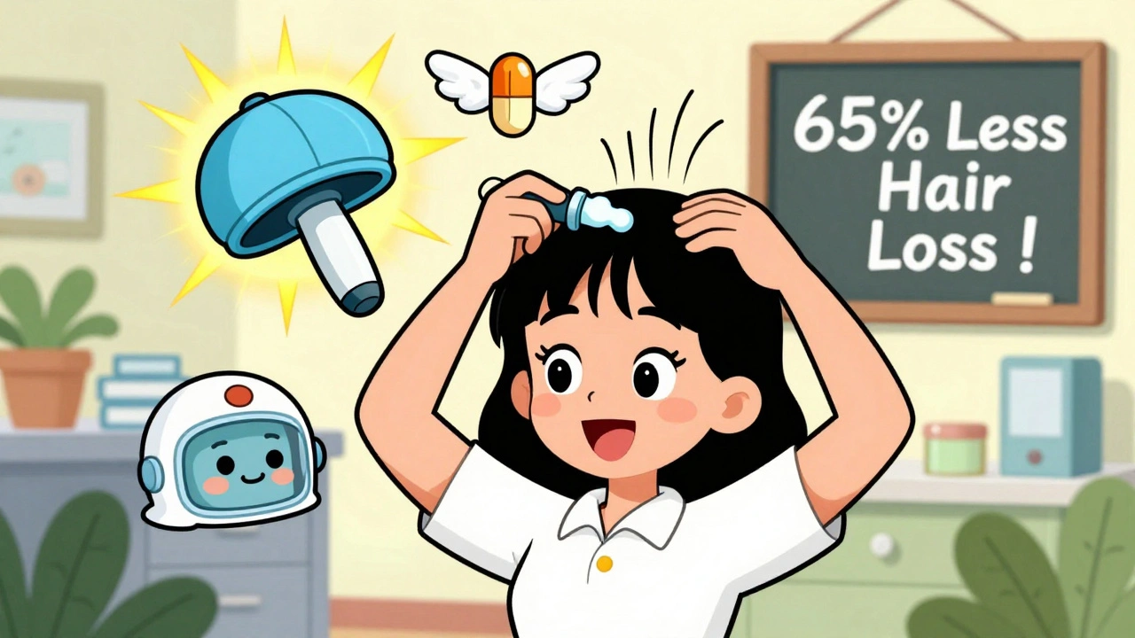 Woman applying minoxidil with glowing accessories representing treatments