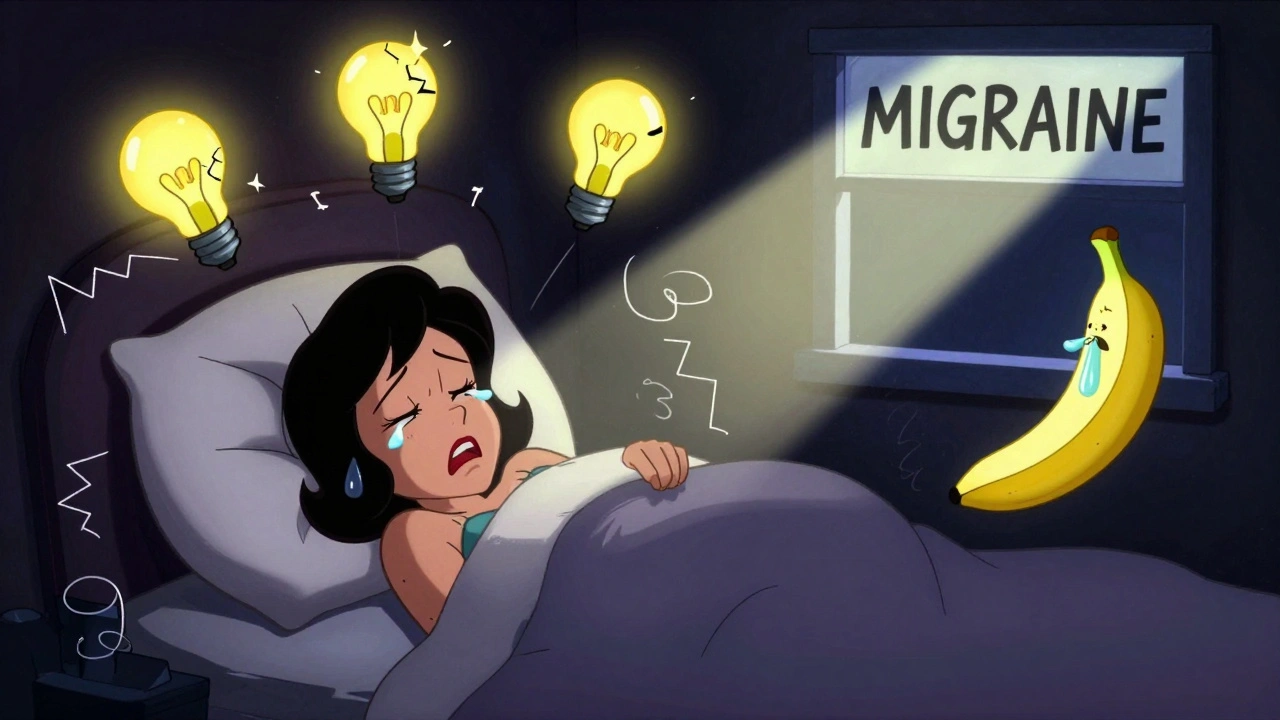 Woman curled in darkness with swirling lights and floating symbols of migraine symptoms.