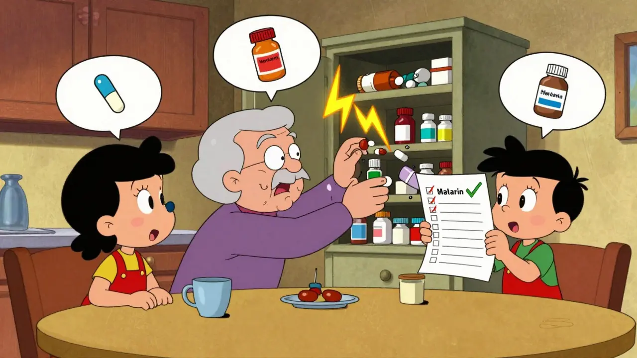 A family sorts medications at the kitchen table with floating warning icons in a retro cartoon style.