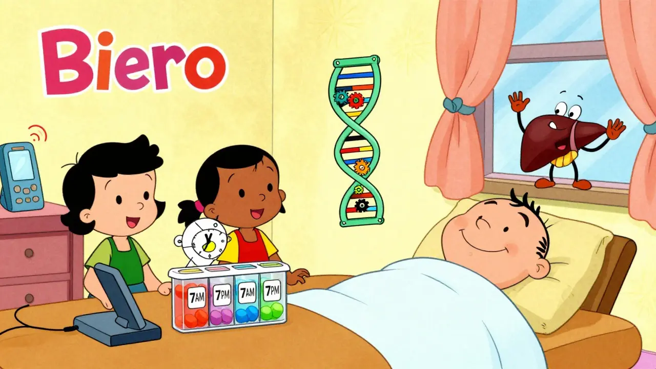 A family uses a time-labeled pill organizer with a glowing DNA clock above them at home.