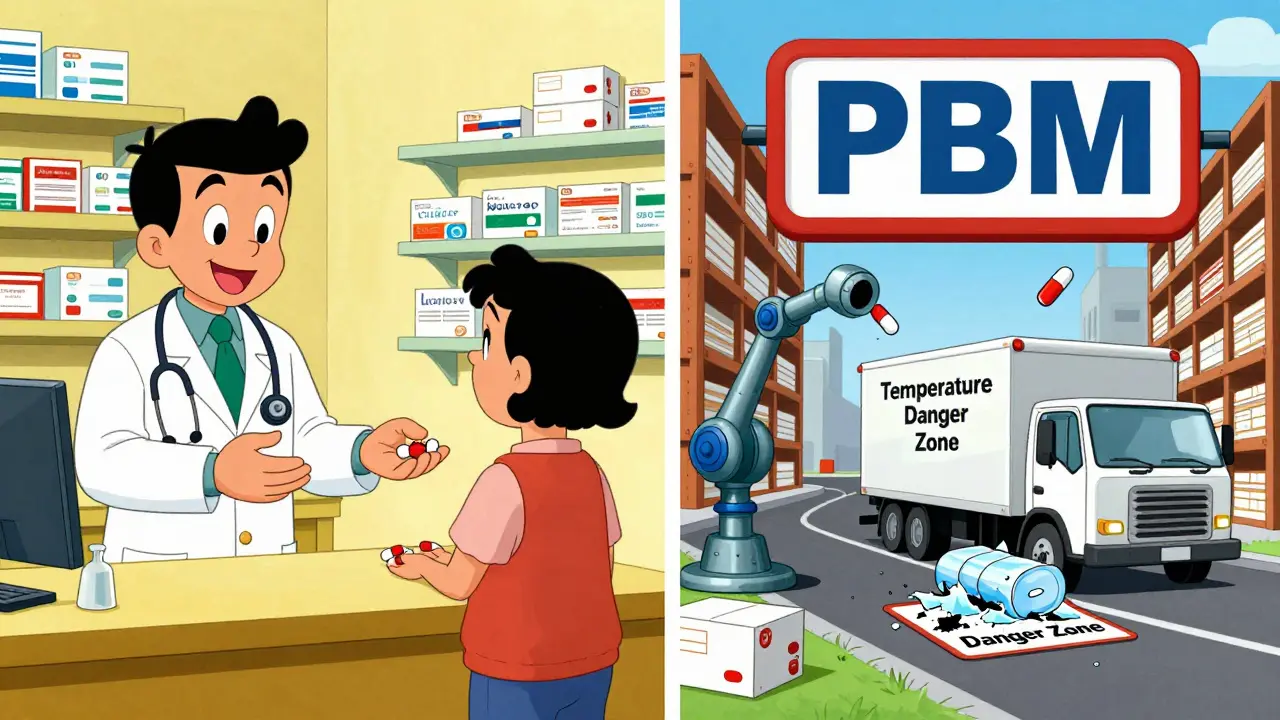 A local pharmacist smiles next to a chaotic warehouse with a giant PBM logo and leaking ice packs.