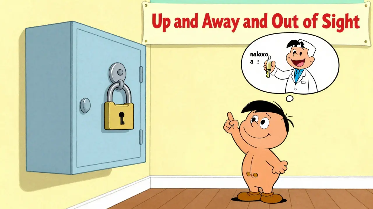 A locked medicine cabinet at child-height with a doctor handing naloxone and Poison Control info.