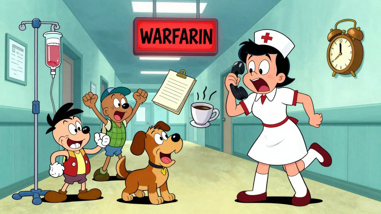 A nurse is overwhelmed by five chaotic interruptions while administering warfarin in a hospital.