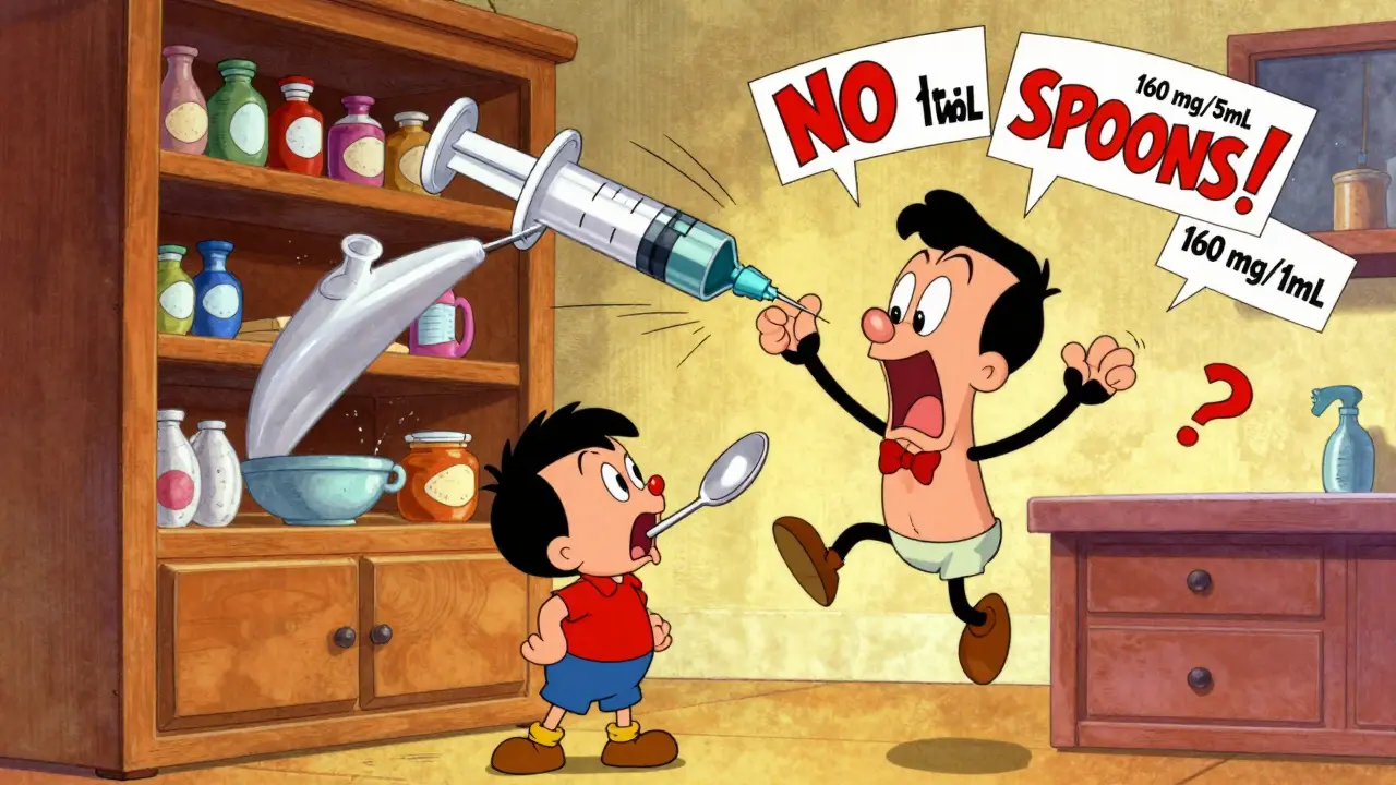 A parent about to use a kitchen spoon to give medicine as a talking dosing syringe shouts a warning.