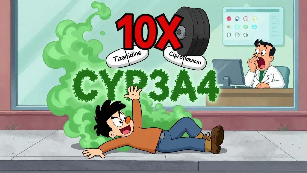 A patient collapsing as two pills fight, with toxic smoke forming the CYP3A4 enzyme symbol.