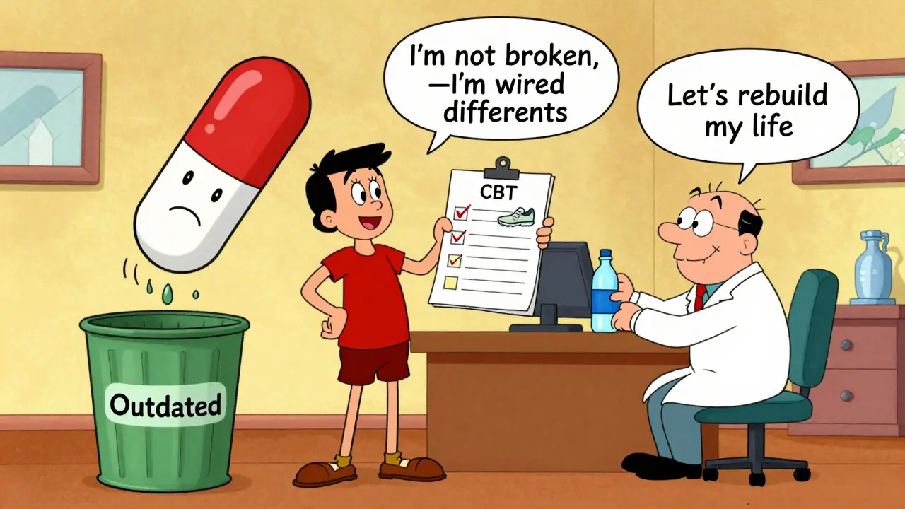 A patient rejecting opioids in favor of non-drug tools, with a comically oversized pill in the trash.