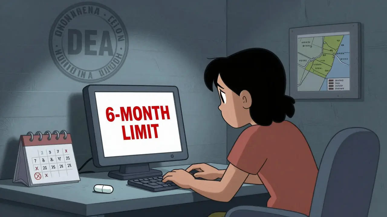 A person in a remote cabin facing a '6-month limit' warning for controlled substance teleprescriptions.