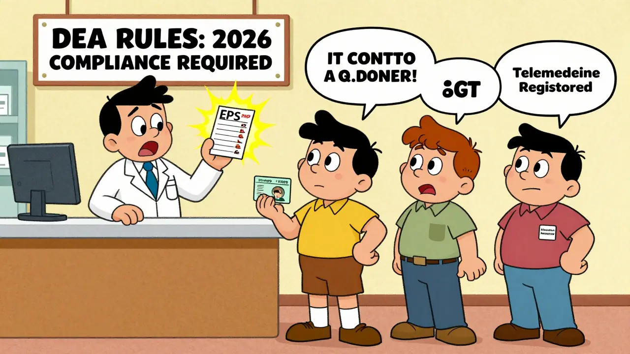 A pharmacy counter with confused staff and patients dealing with complex telemedicine prescription rules.