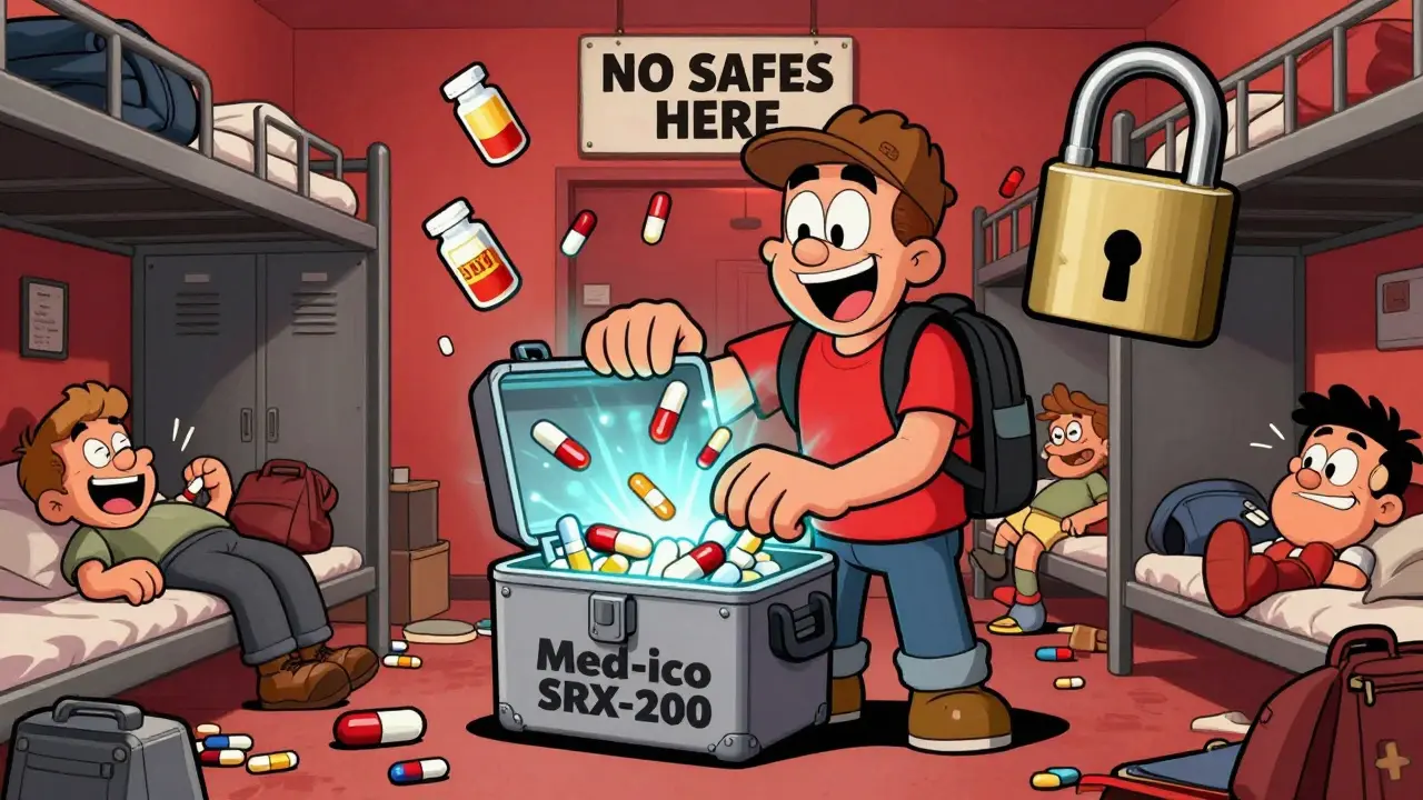 A traveler secures meds in a portable lock box amid a chaotic hostel dorm with no safes.