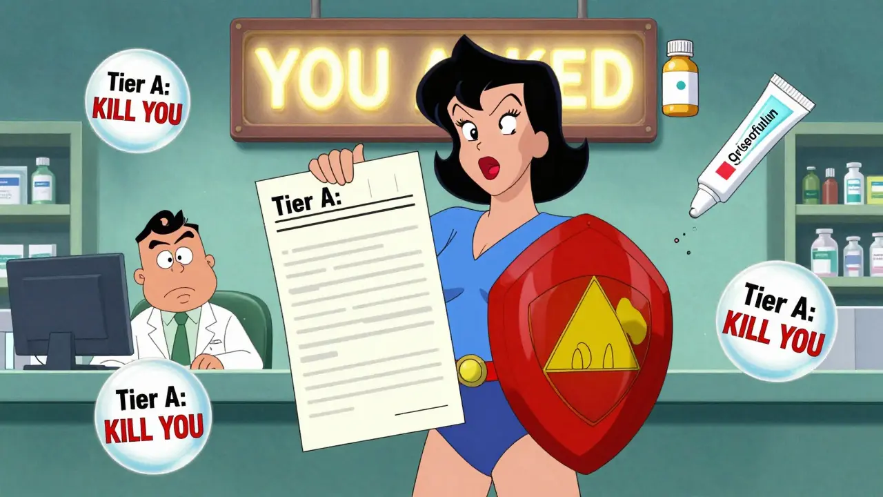 A woman holding a medication list as a shield while a pharmacist faces exploding alert bubbles.