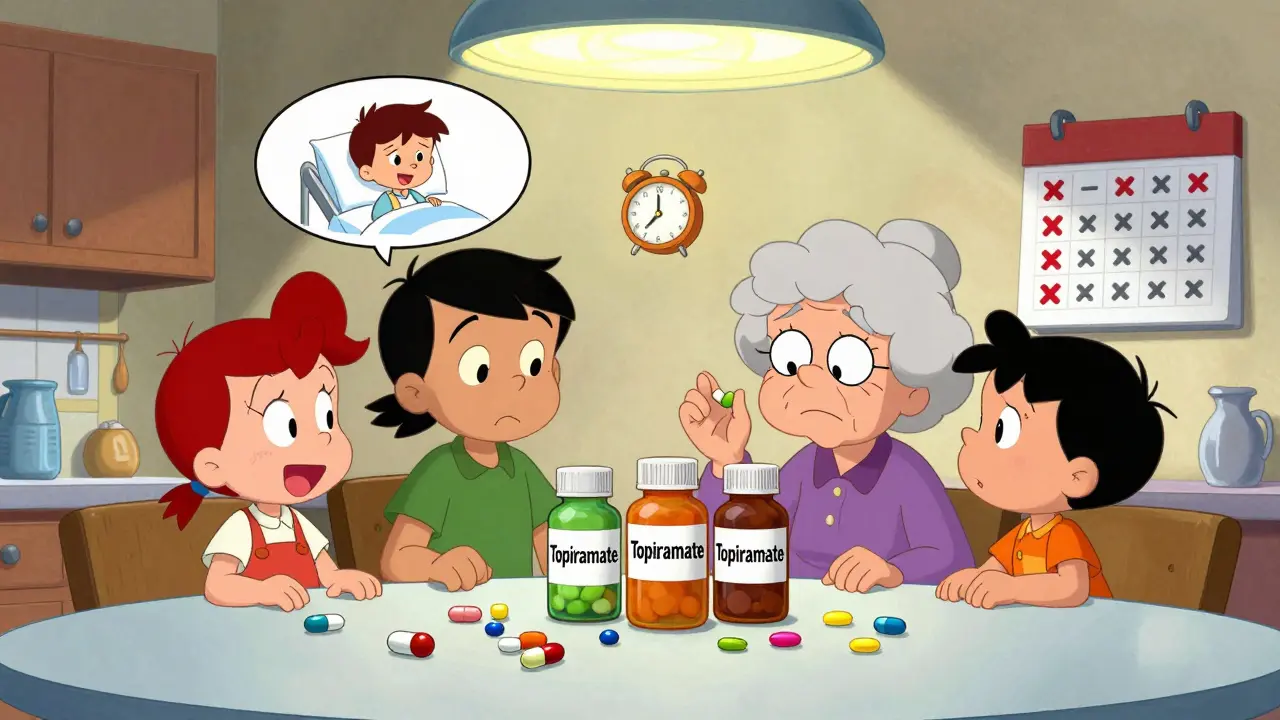 An elderly woman stares at multiple differently shaped pills on a kitchen table, confused.