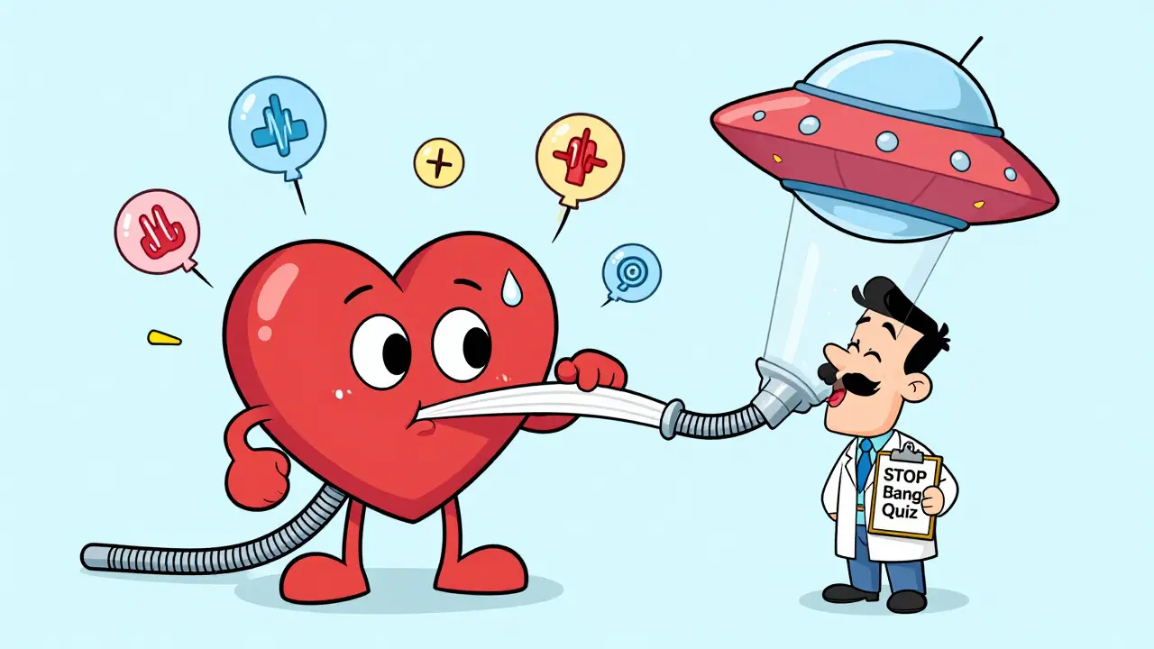 Cartoon heart being pulled by vacuum hose from snoring throat, with medical warning icons.
