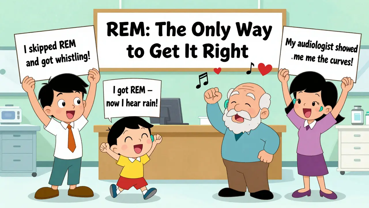 Diverse patients in a clinic holding signs about REM, with sound waves forming music and hearts around them.