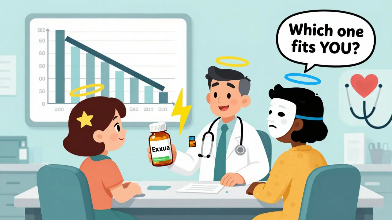 Doctor and patient with three glowing pill bottles, side effect chart collapsing, heart stethoscope nearby.