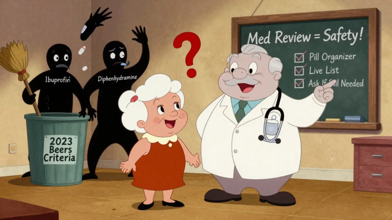 Elderly couple with friendly pharmacist at a safety chalkboard, dangerous drugs being removed.