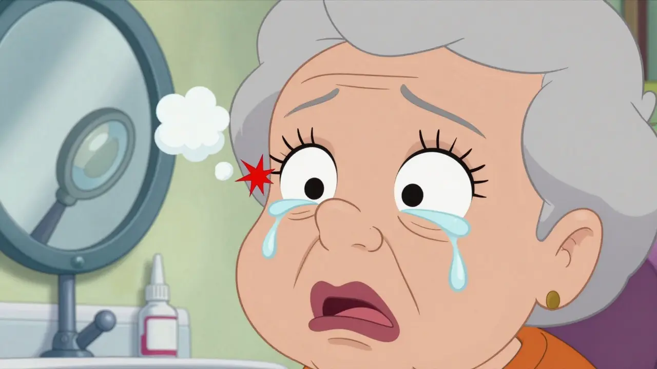 Elderly woman with inward-turning eyelid and eyelashes scratching her eye.