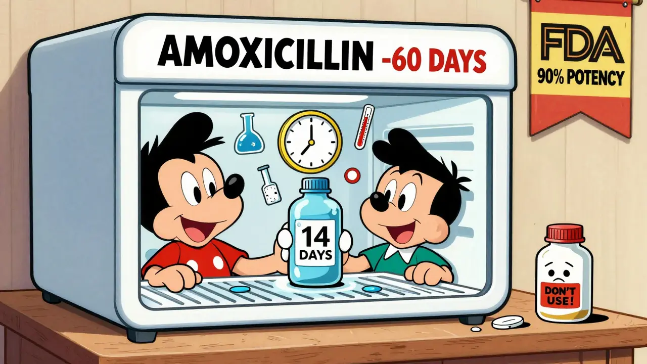 Family checking frozen antibiotic in freezer with reset expiration clock.