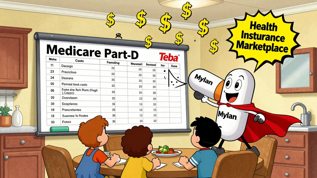 Family comparing generic drug formularies with pill characters wrestling over price tags.