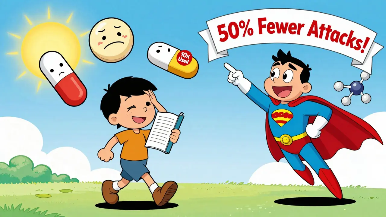 Happy person with diary while failed meds cry, CGRP superhero floats beside them with success banner