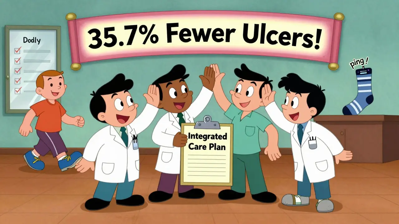 Healthcare team celebrating reduced ulcers while patient walks in proper shoes.