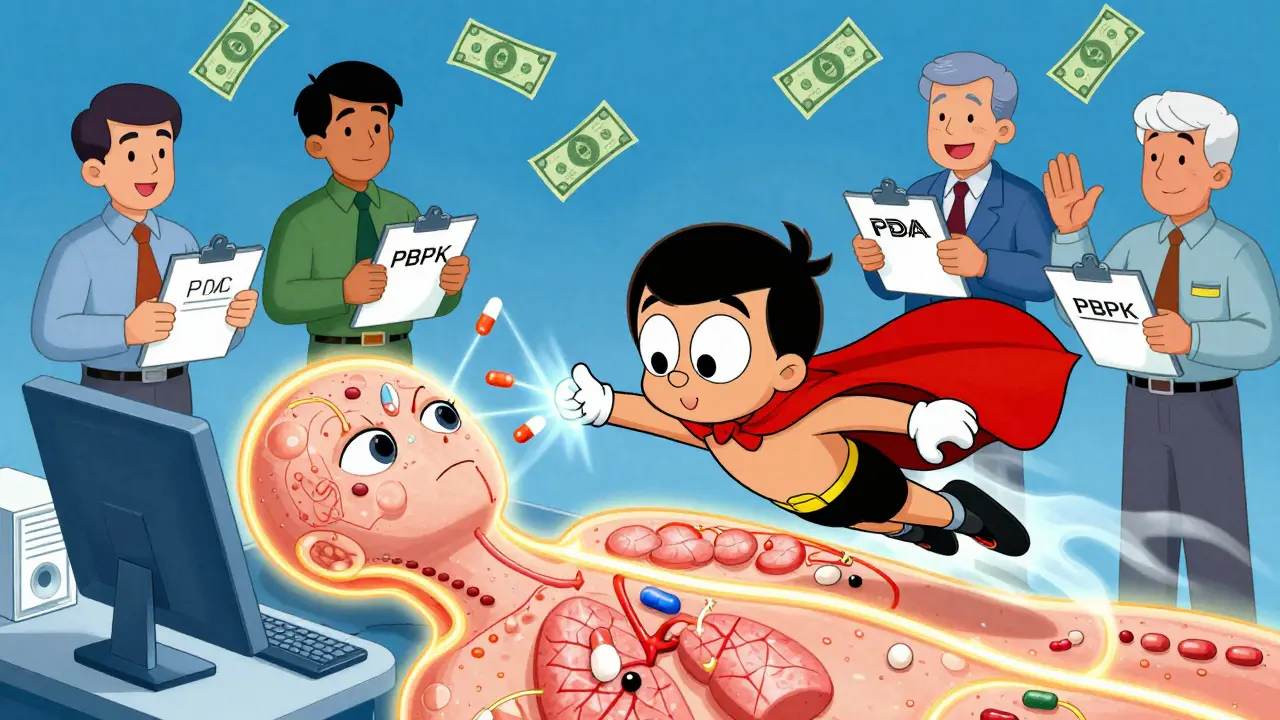 Heroic computer model showing drug simulations in body while regulators argue over puzzle-piece clipboards.