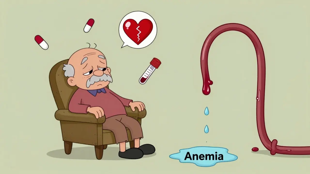 Leaky blood vessel in colon dripping into anemia puddle, tired elderly person